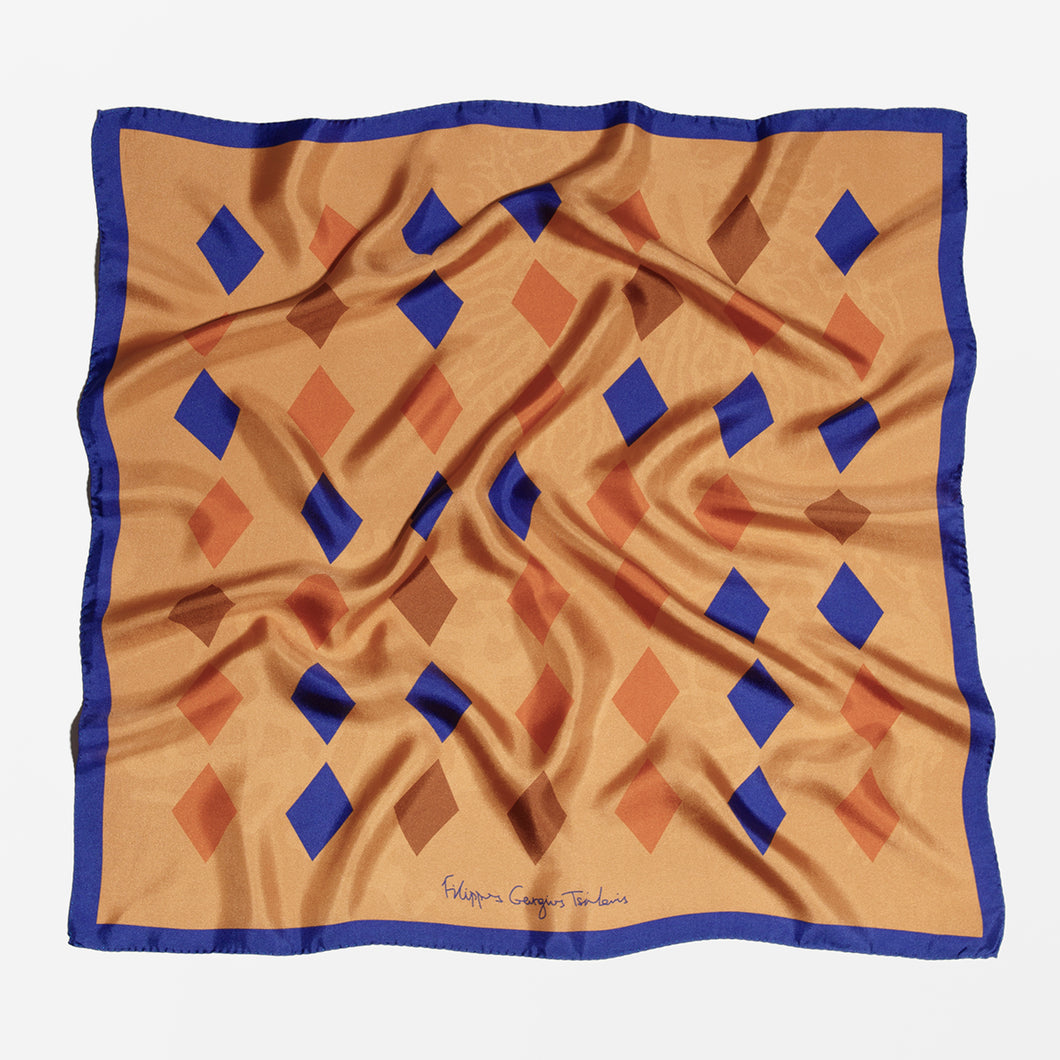 Artist's Rhombs & Corals - neckerchief square 68 - greek silk scarf - FGTONSILK