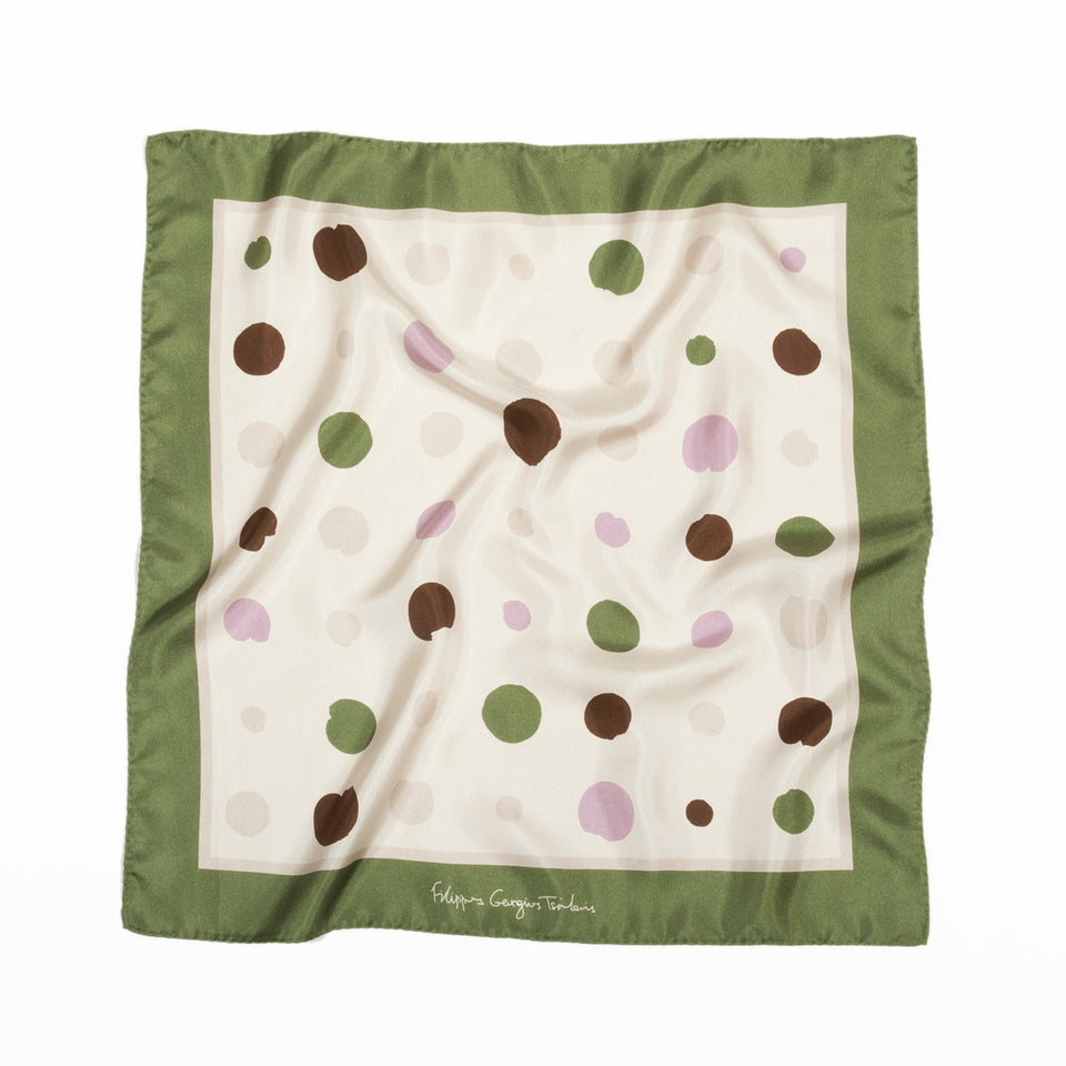Painted Pois Olive - bandana square 50 - greek silk scarf - FGTONSILK